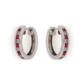 31284 14K WHITE GOLD .30CT RUBY AND DIAMOND ALTERNATING CHANNEL SET HOOPS