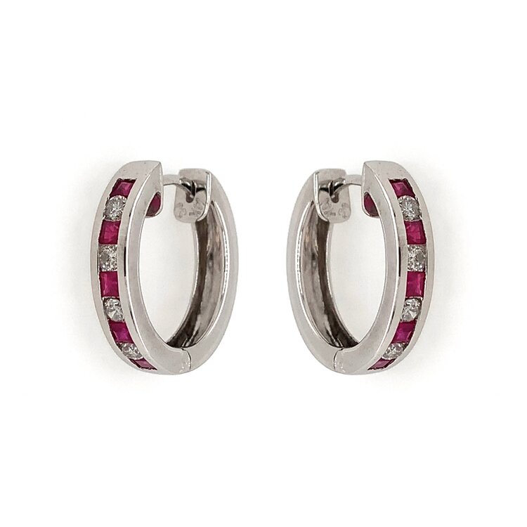 31284 14K WHITE GOLD .30CT RUBY AND DIAMOND ALTERNATING CHANNEL SET HOOPS