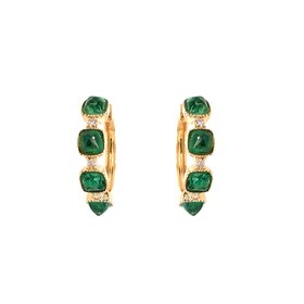 31280 18K YELLOW GOLD 1.10CT EMERALD AND DIAMOND HUGGIES