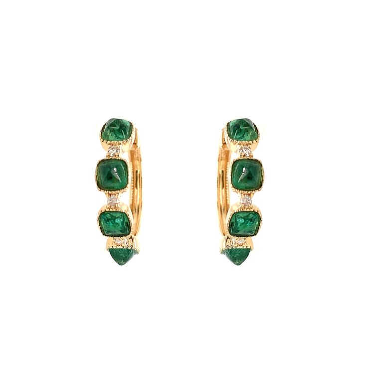 31280 18K YELLOW GOLD 1.10CT EMERALD AND DIAMOND HUGGIES