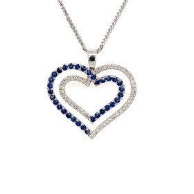 70501 14K WHITE GOLD .50CT DIAMOND .50CT SAPPHIRE DOUBLE OPEN ANGLED HEART PENDANT