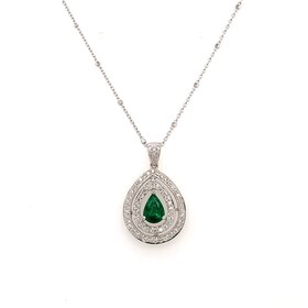 70505 14K WHITE GOLD .55CT EMERALD WITH .29CT DIAMOND DOUBLE HALO TEARDROP PENDANT