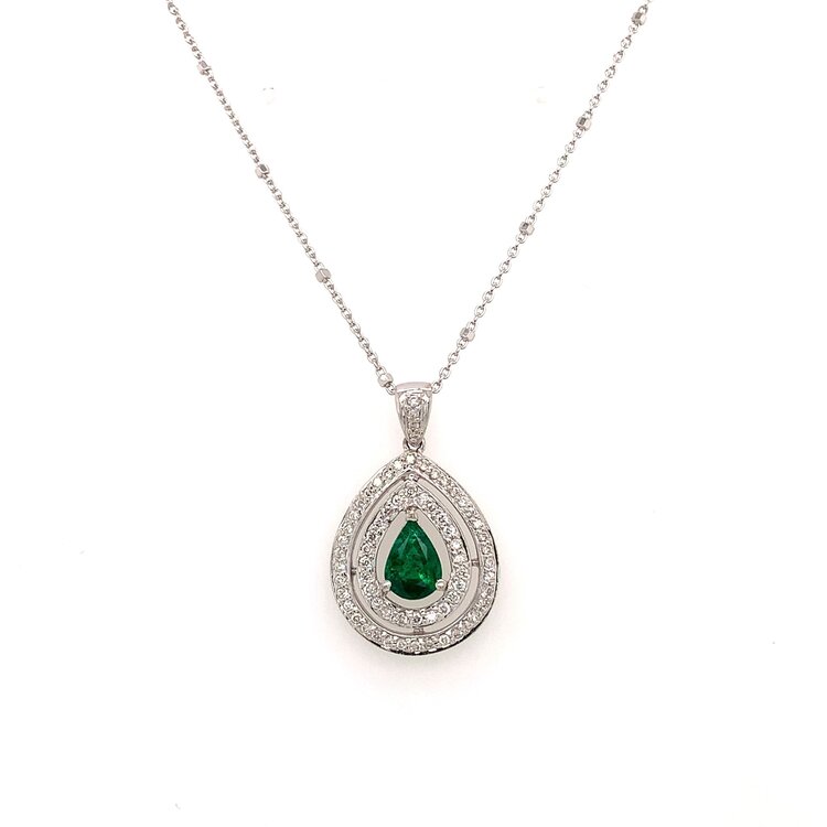70505 14K WHITE GOLD .55CT EMERALD WITH .29CT DIAMOND DOUBLE HALO TEARDROP PENDANT