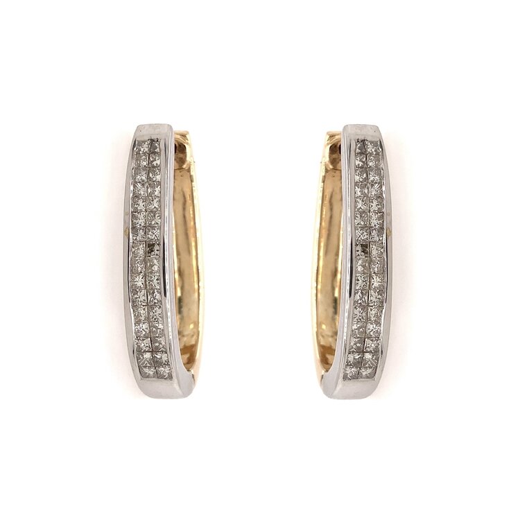 31308 14K TWO TONE 1CT DIAMOND 2-ROW PRINCESS CUT INVISIBLE SET OBLONG HOOPS