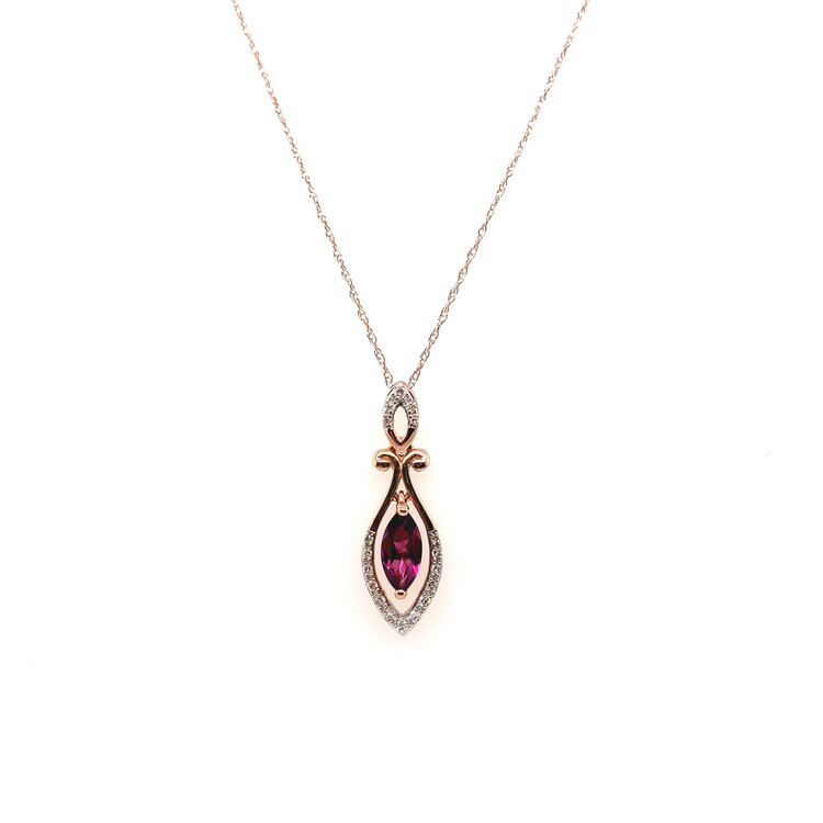 70509 10K ROSE GOLD .10TCW DIAMOND MARQUISE SHAPE GARNET DANGLING OPEN DROP DESIGN PENDANT SET