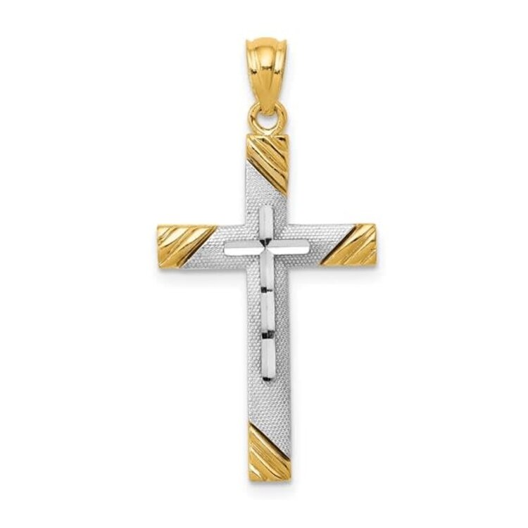 77339 14K TWO TONE TEXTURED AND DIAMOND CUT CROSS
