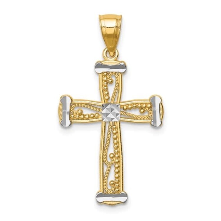 77340 14K TWO TONE FILIGREE DIAMOND CUT EDGES AND CENTER CROSS