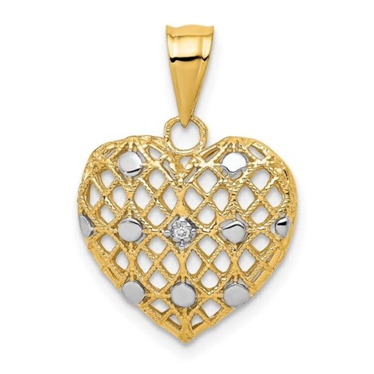 70512 14K YELLOW GOLD FILIGREE HEART WITH RHODIUM DOTS PENDANT SET