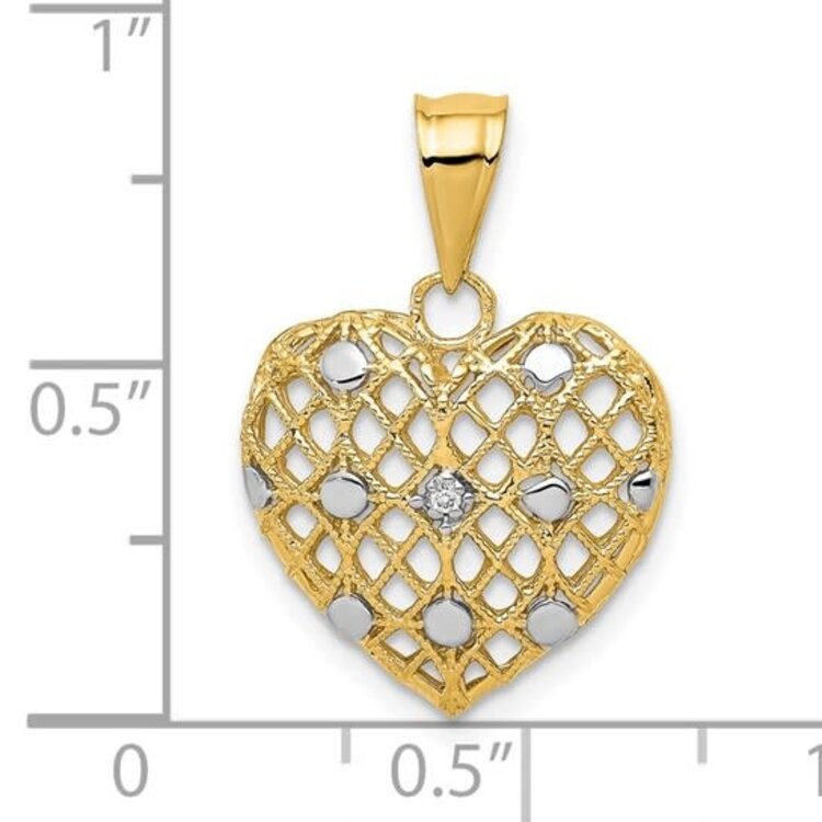 70512 14K YELLOW GOLD FILIGREE HEART WITH RHODIUM DOTS PENDANT SET