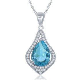 K-7576 Sterling Silver Large Teardrop Blue Center with Cubic Zirconia Border Pendant
