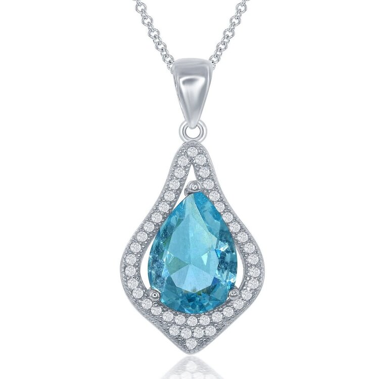 K-7576 Sterling Silver Large Teardrop Blue Center with Cubic Zirconia Border Pendant