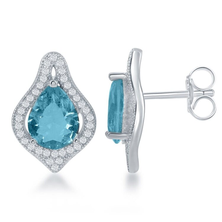 D-6315 Sterling Silver Large Teardrop Blue with Cubic Zirconia Border Earrings