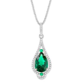 K-6950 Sterling Silver Teardrop Clear Cubic Zirconia with Center Dark Green Cubic Zirconia Pendant