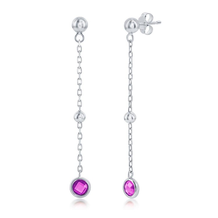 D-8377 Sterling Silver Bezel-Set Cubic Zirconia & Bead Chain Earrings - Ruby