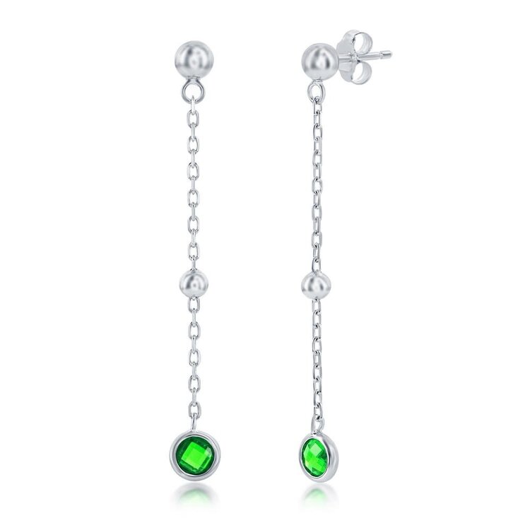 D-8375 Sterling Silver Bezel-Set Cubic Zirconia & Bead Chain Earrings - Emerald