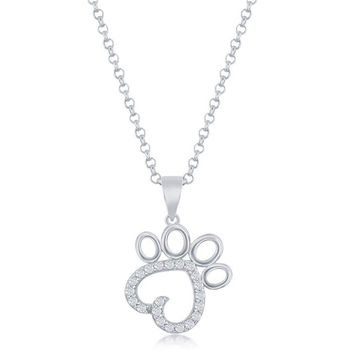 K-8698 Sterling Silver Cubic Zirconia Paw Print Pendant