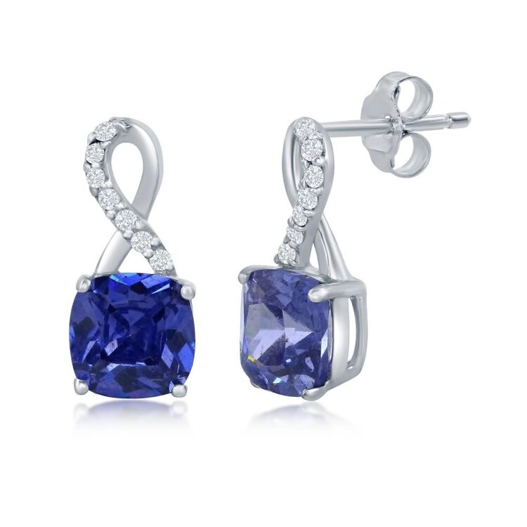 D-5198 Sterling Silver Half Cubic Zirconia Infinity with Square Tanzanite Cubic Zirconia Earrings