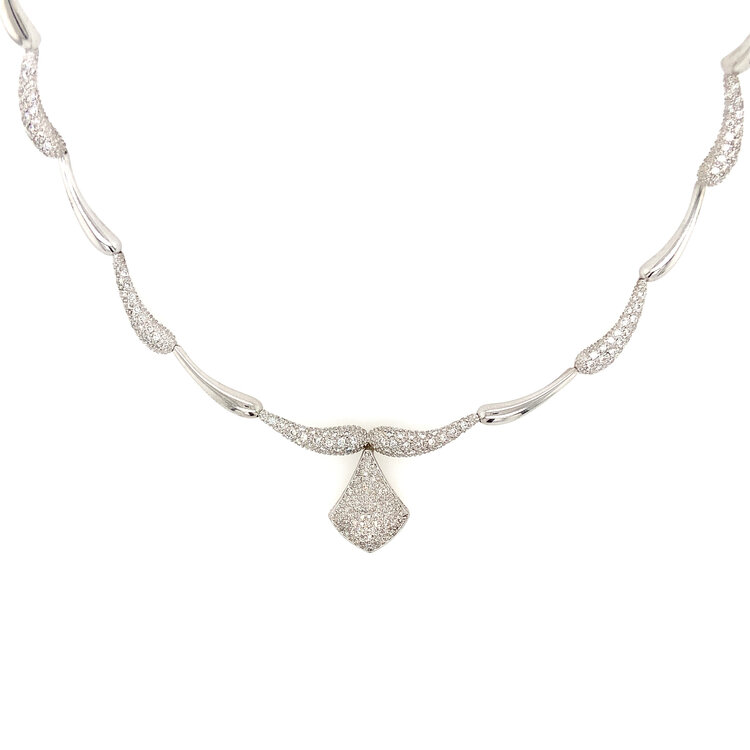 60167 14K WHITE GOLD 1CT DIAMOND WAVED BAR BEADED SET NECKLACE