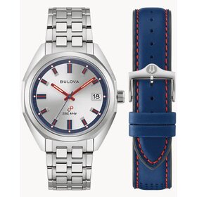 BULOVA JET STAR STAINLESS STEEL BLUE AND RED ACCENT WITH EXTRA BLUE LEATHER BAND MEN'S WATCH