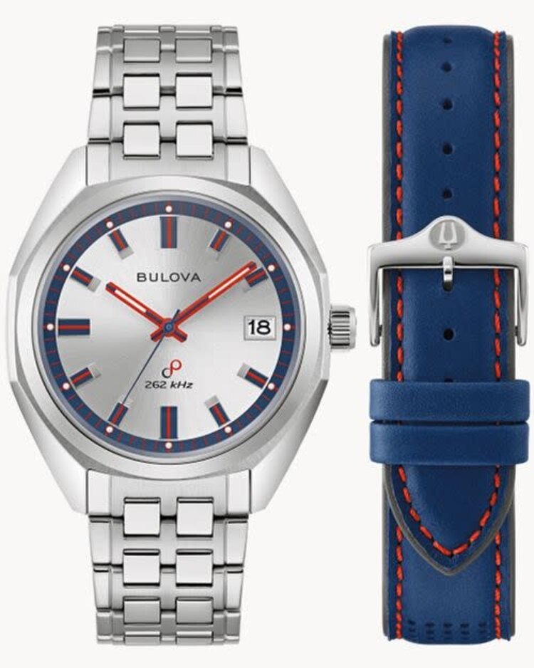 BULOVA JET STAR STAINLESS STEEL BLUE AND RED ACCENT WITH EXTRA BLUE LEATHER BAND MEN'S WATCH