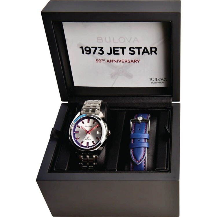 BULOVA JET STAR STAINLESS STEEL BLUE AND RED ACCENT WITH EXTRA BLUE LEATHER BAND MEN'S WATCH