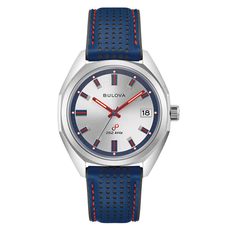 BULOVA JET STAR STAINLESS STEEL BLUE AND RED ACCENT WITH EXTRA BLUE LEATHER BAND MEN'S WATCH
