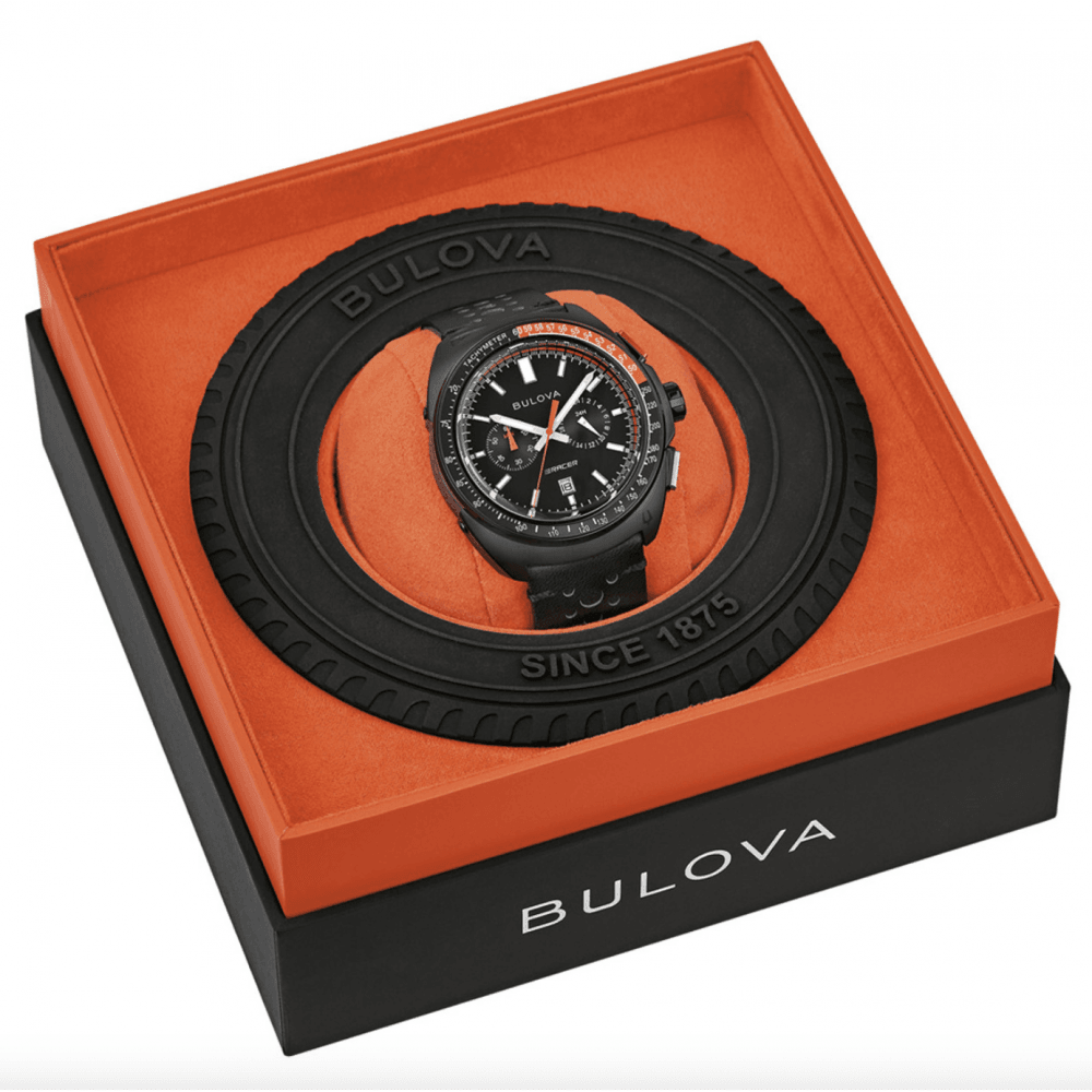 BULOVA RACER CHRONOGRAPH BLACK DIAL AND LEATHER BAND MEN S WATCH Gemelli Jewelers