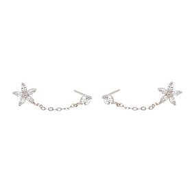 31323 14K WHITE GOLD DOUBLE STUD FLOWER CHAIN TO ROUND CUBIC ZIRCONIA EARRINGS