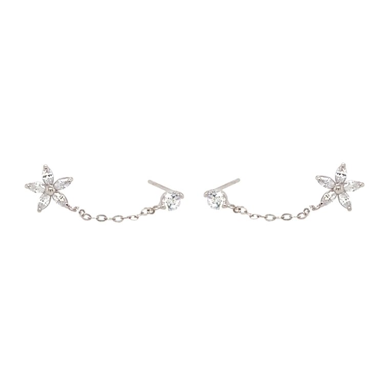 31323 14K WHITE GOLD DOUBLE STUD FLOWER CHAIN TO ROUND CUBIC ZIRCONIA EARRINGS