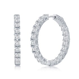 D-7977 Sterling Silver, 3x30mm Square Cubic Zirconia, Inside-Outside Hoop Earrings