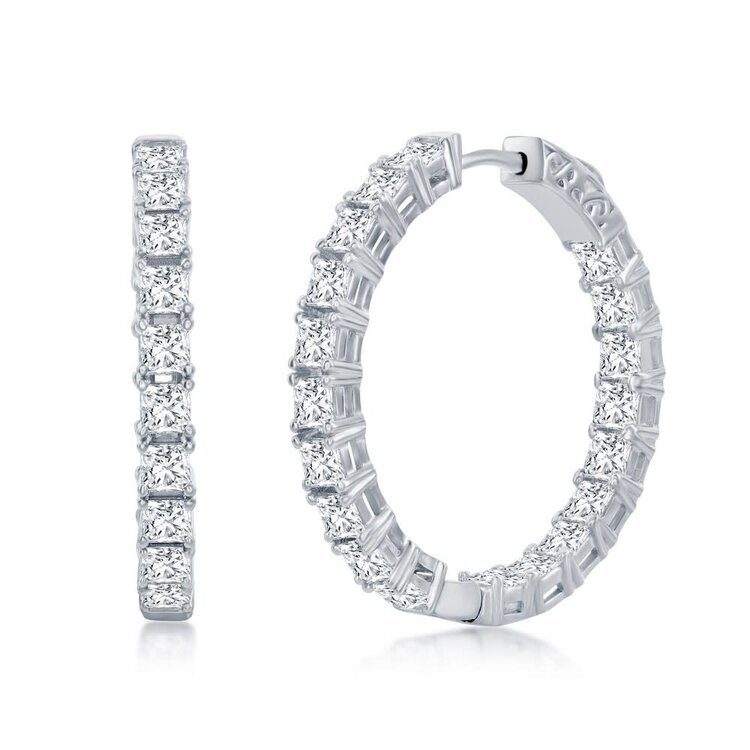 D-7977 Sterling Silver, 3x30mm Square Cubic Zirconia, Inside-Outside Hoop Earrings
