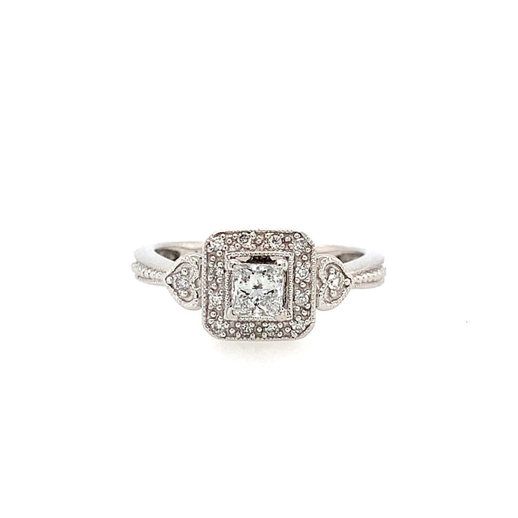 40406 14K WHITE GOLD .35CT DIAMOND PRINCESS CUT HALO WITH HEARTS ON THE SHANK RING