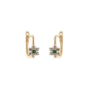 31346 14K YELLOW GOLD CUBIC ZIRCONIA GREEN CENTER FLOWER EUROPEAN LOCK EARRINGS