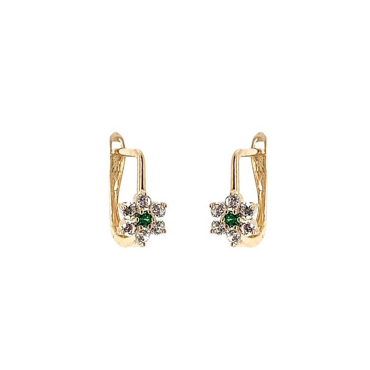 31346 14K YELLOW GOLD CUBIC ZIRCONIA GREEN CENTER FLOWER EUROPEAN LOCK EARRINGS