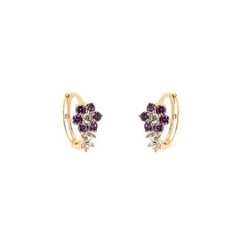 311347 14K YELLOW GOLD PURPLE AND CLEAR CUBIC ZIRCONIA FLOWER ON SMALL HUGGIES