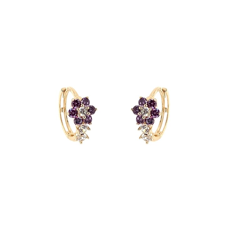 311347 14K YELLOW GOLD PURPLE AND CLEAR CUBIC ZIRCONIA FLOWER ON SMALL HUGGIES