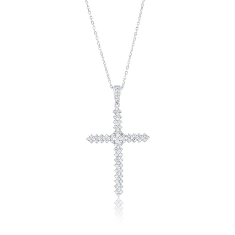 K-8976 Sterling Silver, Double Row Cubic Zirconia Cross Pendant
