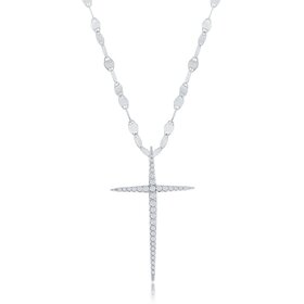 M-7254 Sterling Silver Cubic Zirconia Pointy Cross Mirror Chain Necklace
