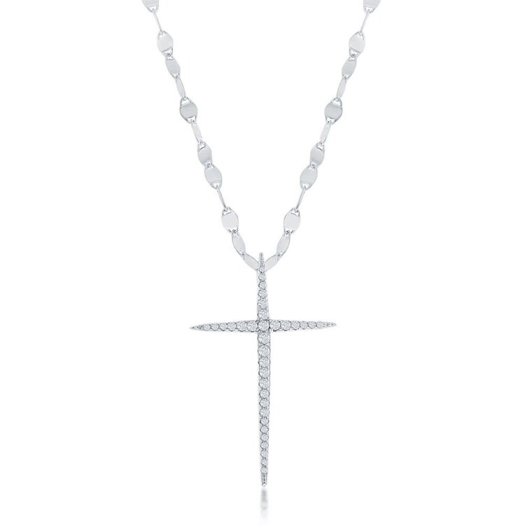 M-7254 Sterling Silver Cubic Zirconia Pointy Cross Mirror Chain Necklace