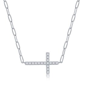 M-6977 Sterling Silver Cubic Zirconia Sideways Cross Paperclip Necklace