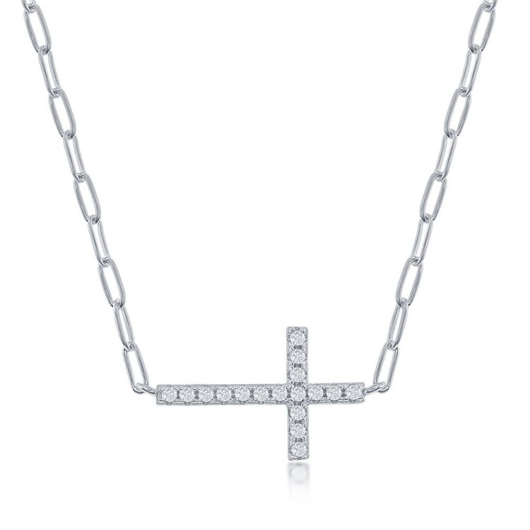 M-6977 Sterling Silver Cubic Zirconia Sideways Cross Paperclip Necklace