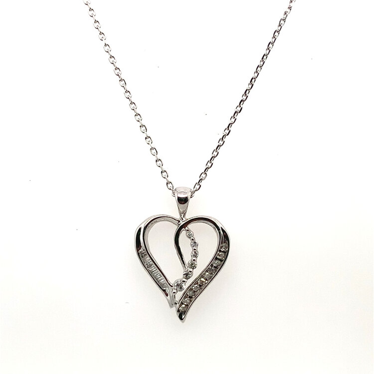 70531 10K WHITE GOLD .25CT BAGUETTE AND ROUND DIAMOND CHANNEL SET HEART WITH JOURNEY CENTER PENDANT SET