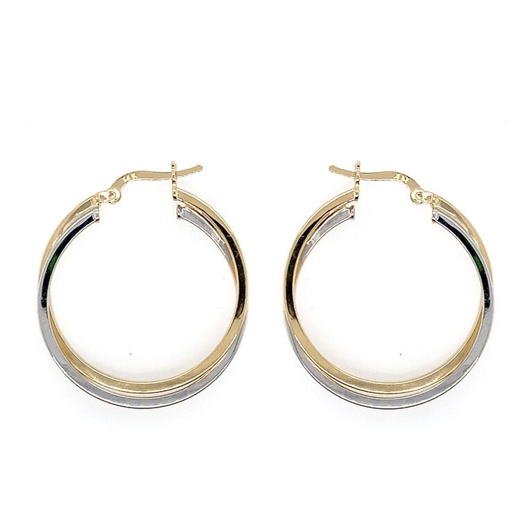 31365 14K TWO TONE MEDIUM DOUBLE HIGH POLISH CROSSED HOOPS