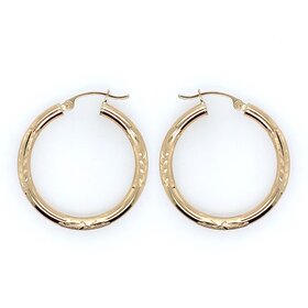 31366 14K YELLOW GOLD HIGH POLISH WITH SATIN FINISH LEAF DESIGN TUBE HOOPS