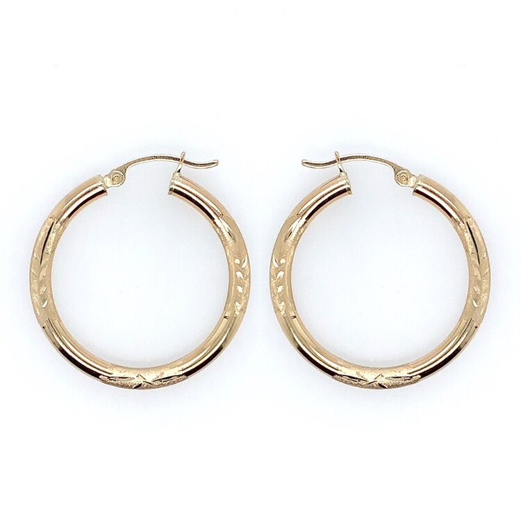 31366 14K YELLOW GOLD HIGH POLISH WITH SATIN FINISH LEAF DESIGN TUBE HOOPS