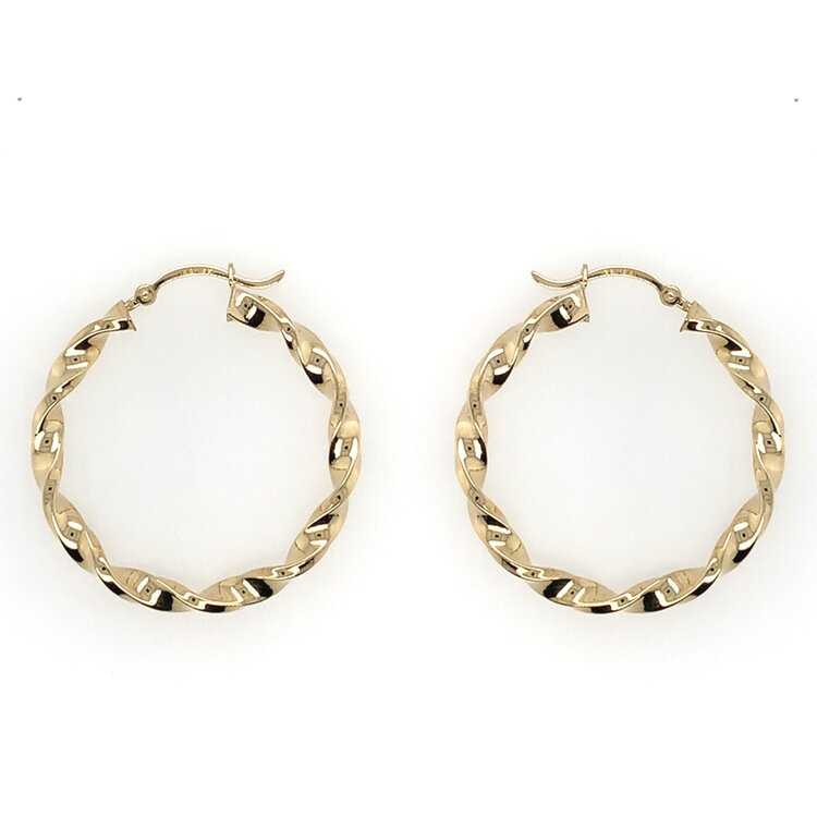 31370 14K YELLOW GOLD MEDIUM DIAMOND CUT TWISTED HOOPS