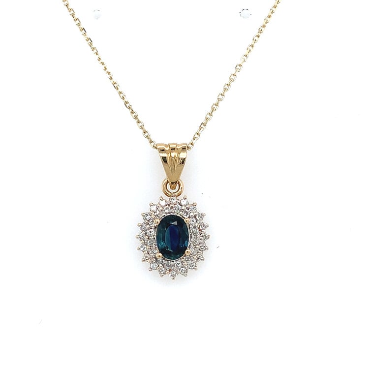 70535 14K YELLOW GOLD OVAL 1CT SAPPHIRE WITH .20CT DOUBLE DIAMOND HALO PENDANT