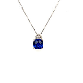 70538 10K WHITE GOLD SYNTHETIC SAPPHIRE CHECKERBOARD CUT CUSHION SHAPE DIAMOND PENDANT SET