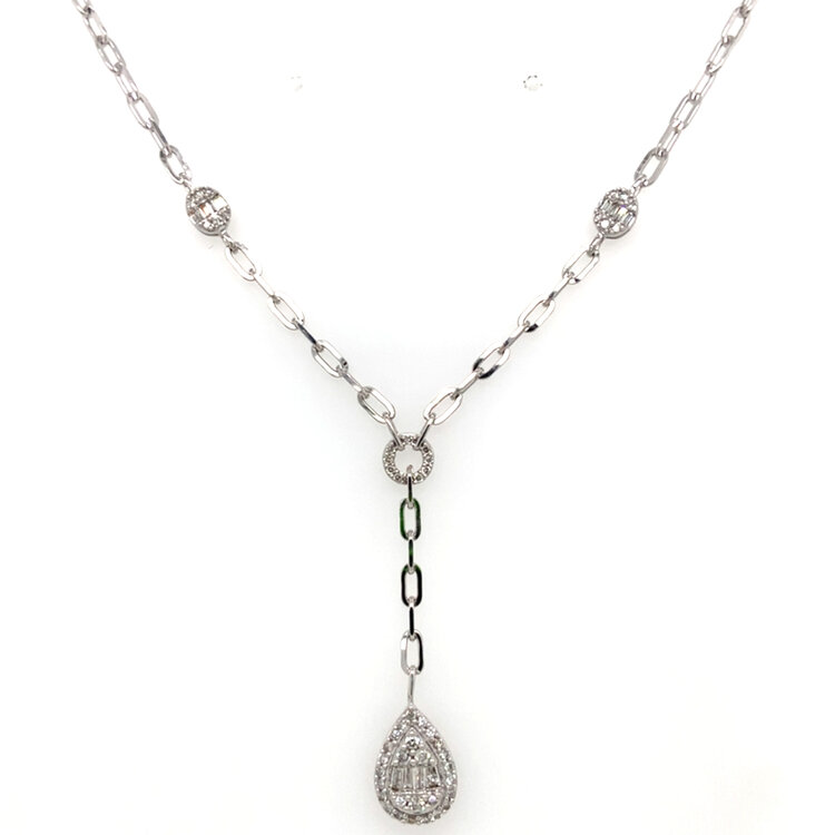 60190 14K WHITE GOLD .50CT DIAMOND PEAR SHAPE AND OVAL CLUSTER PAPER CLIP LINK NECKLACE