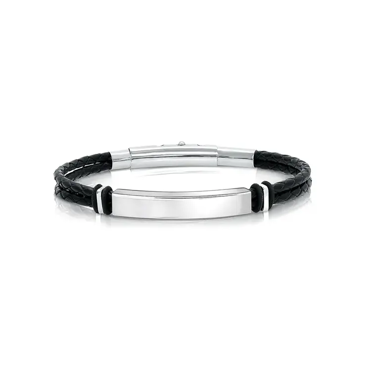 ITALGEM STAINLESS STELL ENGRAVABLE BAR DOUBLE BLACK LEATHER ADJUSTABLE MENS BRACELET